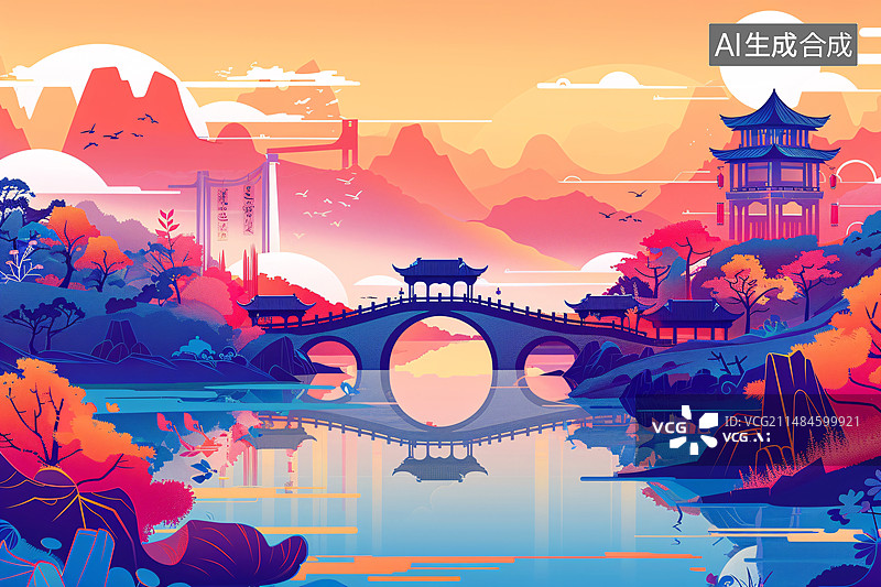 【AI数字艺术】唯美古桥游廊中国风手绘插画，中国风古建筑海报图片素材