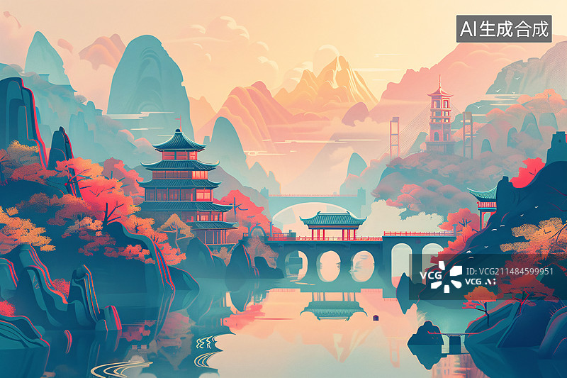 【AI数字艺术】唯美古桥游廊中国风手绘插画，中国风古建筑海报图片素材