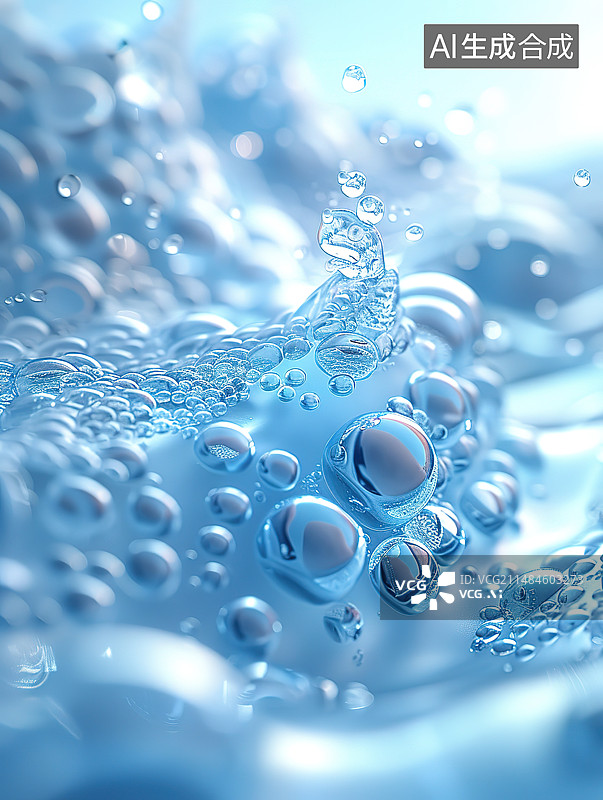 【AI数字艺术】蓝色背景上水滴的特写镜头图片素材