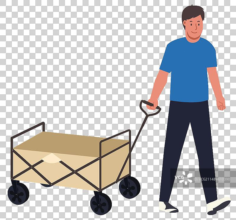 周末度假假日户外春天春季露营踏青家庭旅游旅行小推车走路卡通男青年爸爸父亲卡通插画图片素材