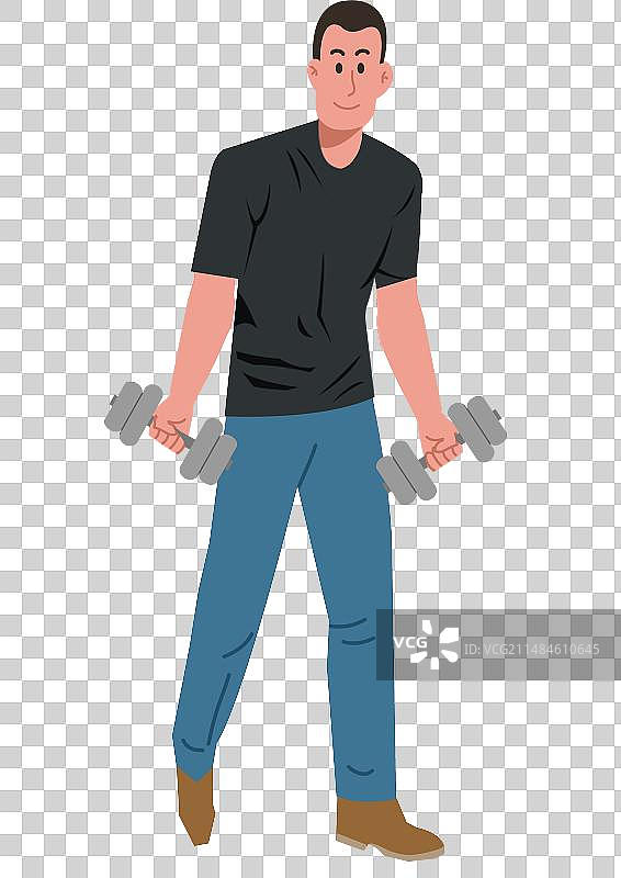 现代都市城市年轻人锻炼身体健身强壮男性男人肌肉哑铃人物卡通插画图片素材