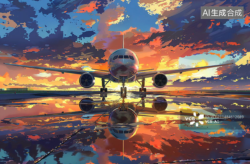 【AI数字艺术】日落时飞机在多云的天空中的低角度视图图片素材