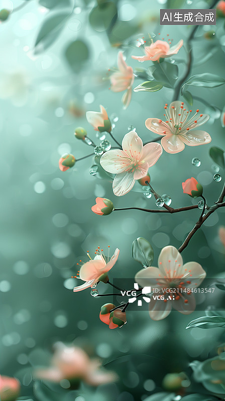 【AI数字艺术】3D春季谷雨桃花盛开雨滴露水滴下图片素材