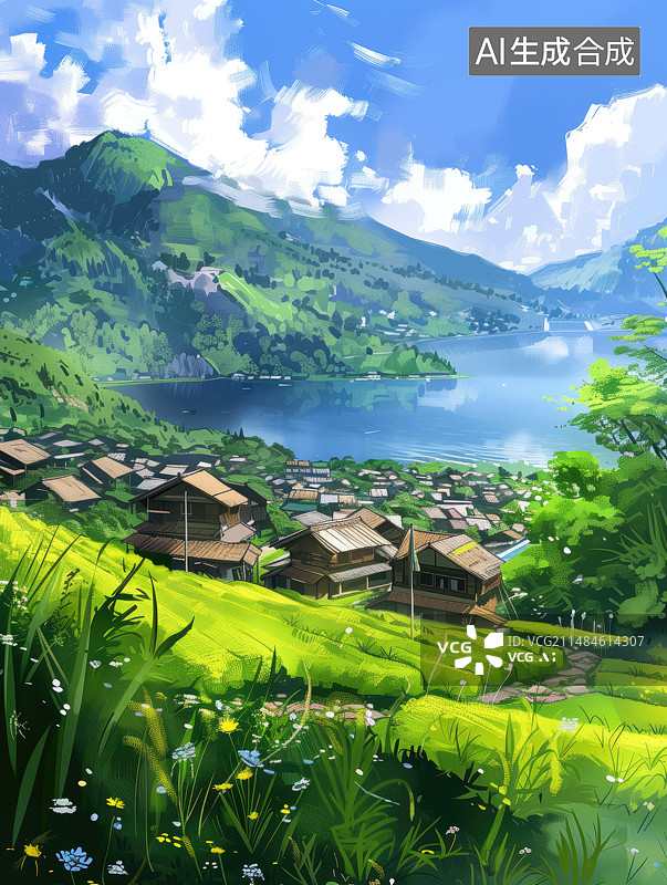 【AI数字艺术】新卡通画湖边的山村图片素材