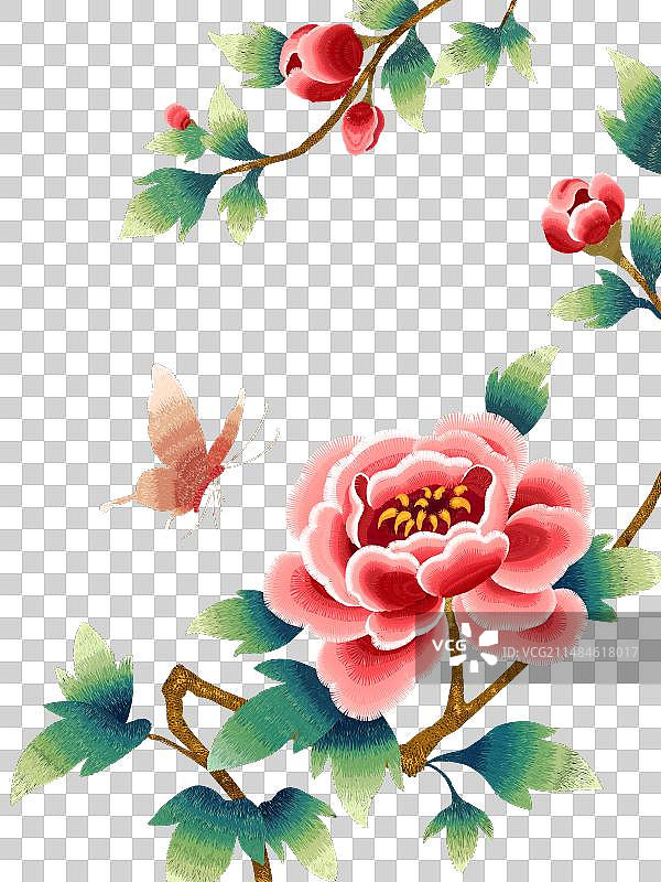 手绘刺绣风格红色粉色肌理纹理牡丹花朵与花蕾与蝴蝶免抠元素。图片素材