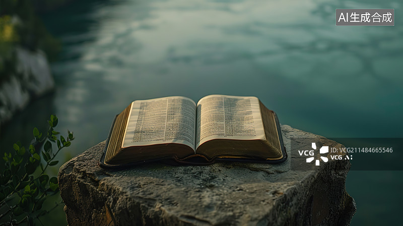 【AI数字艺术】湖边岩石上的书的高角度视图图片素材
