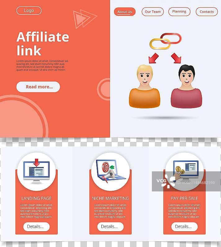 联盟链接扁平风格着陆页网站模板图片素材