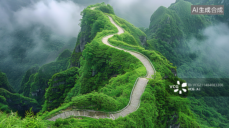 【AI数字艺术】云雾中的山路图片素材