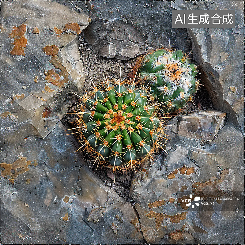 【AI数字艺术】正上方拍摄的仙人掌植物在野外的高角度视图图片素材