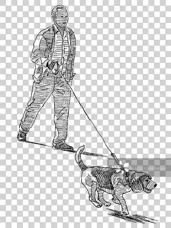 休闲男人与指示犬散步草图图片素材