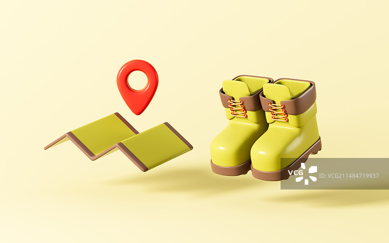 卡通地图定位和登山靴3D渲染图片素材