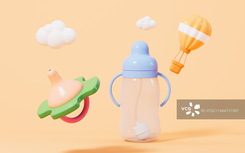 卡通安抚奶嘴和空奶瓶3D渲染图片素材