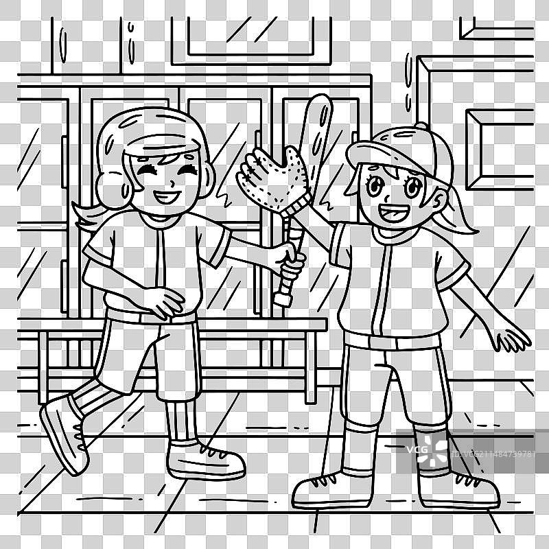 儿童棒球女孩队友涂色页图片素材