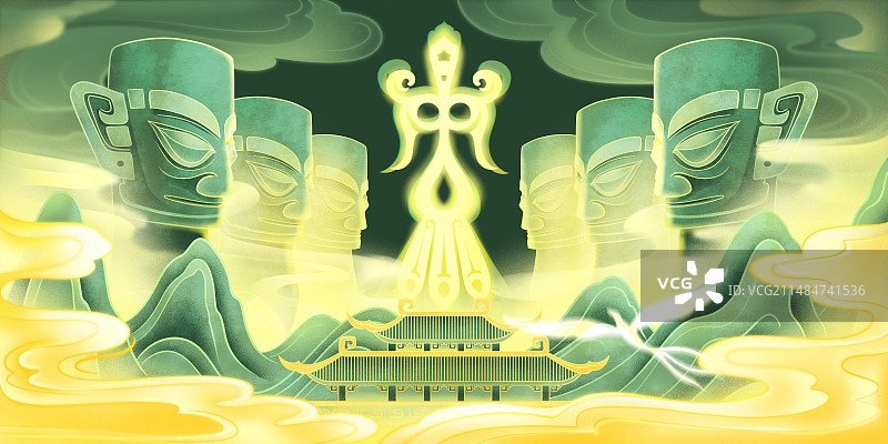 中国三星堆青铜人头像金色神鸟宫殿青山祥云国潮插画图片素材