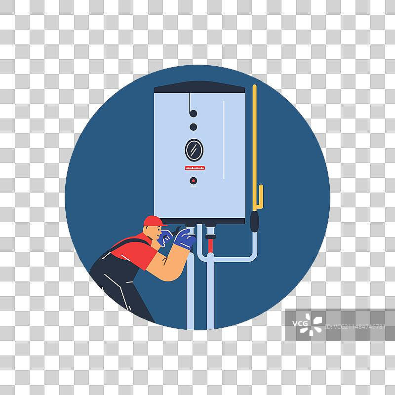 安装热水器锅炉的水管工男人图片素材