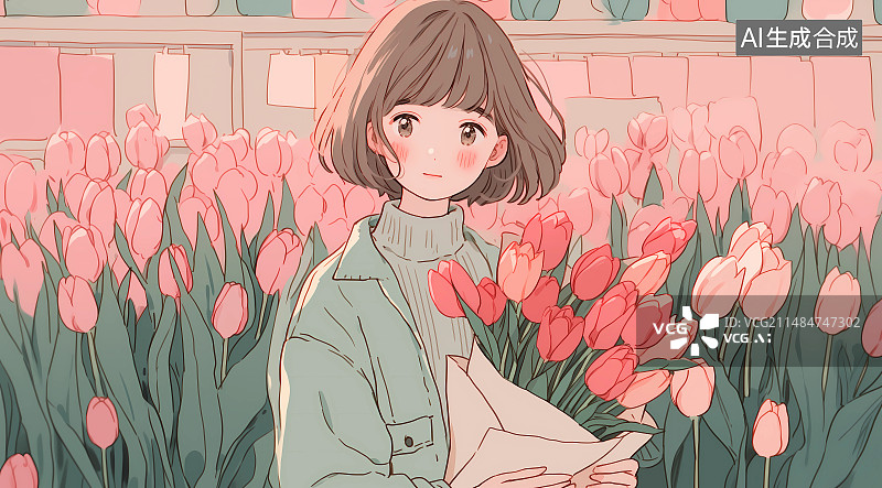 【AI数字艺术】手捧郁金香的女孩插画图片素材