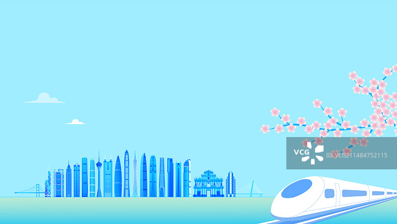 开往粤港澳大湾区的高铁列车矢量插画，节日旅游矢量插画图片素材