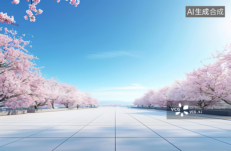 【AI数字艺术】蓝天下樱花树的低视角图片素材