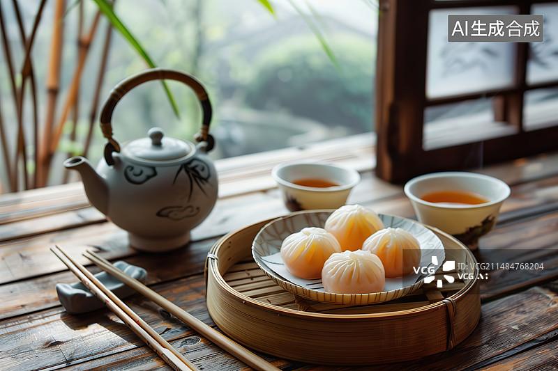 【AI数字艺术】木桌上的茶壶和茶杯图片素材