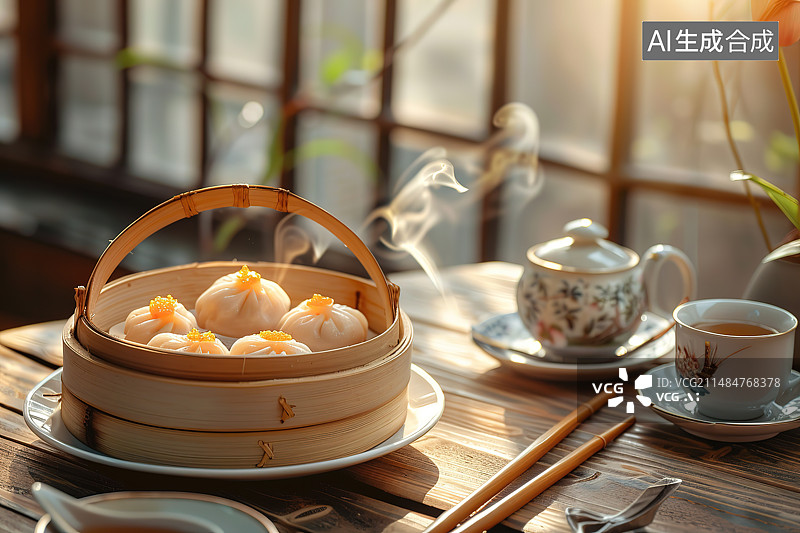 【AI数字艺术】木桌上的茶和点心图片素材