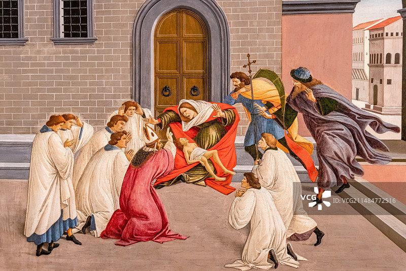 中国上海博物馆2023年英国国家美术馆珍藏展著名画作桑德罗·波提切利《圣泽诺比乌斯的三个奇迹》图片素材