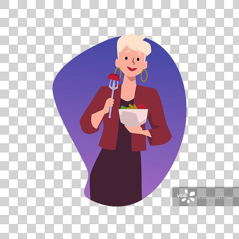 漂亮女人享用新鲜沙拉，健康饮食图片素材