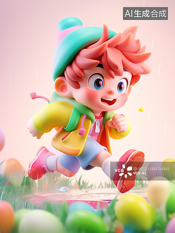 【AI数字艺术】小学生奔跑去上学卡通3D插画，学校儿童教育概念插图图片素材