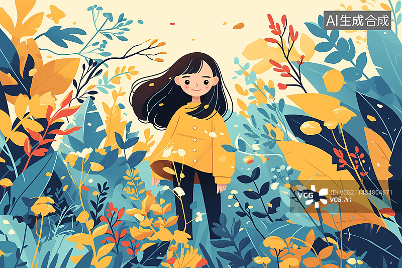【AI数字艺术】立秋节气女孩插画，秋天女孩在花丛中场景插图图片素材