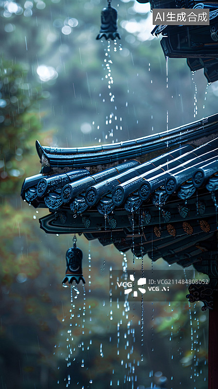 【AI数字艺术】二十四节气雨水节气背景，中国风古建筑屋檐雨滴特写插图图片素材