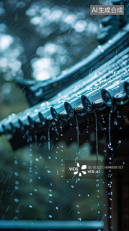 【AI数字艺术】二十四节气雨水节气背景，中国风古建筑屋檐雨滴特写插图图片素材