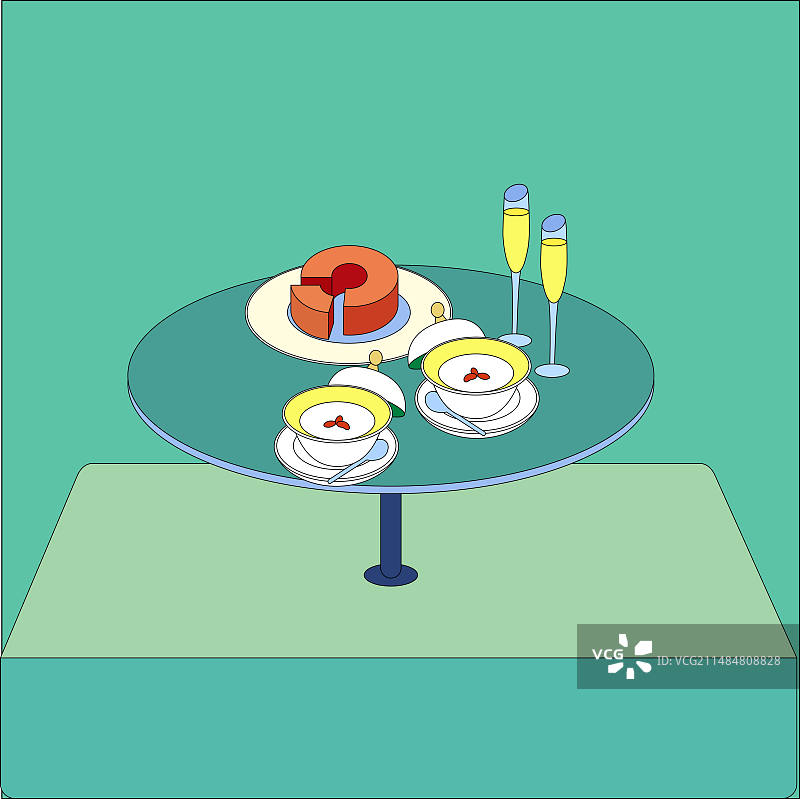 春天绿色背景中的下午茶矢量插画图片素材