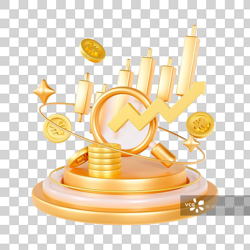3D渲染的金色金融理财股市证券保险数据分析金币元素图片素材