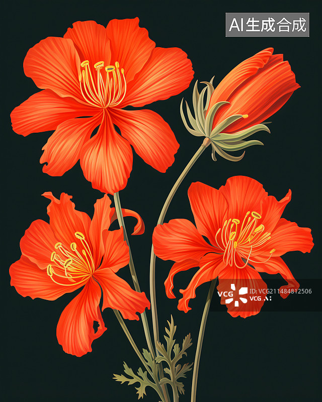 【AI数字艺术】黑色背景下的红花特写镜头图片素材
