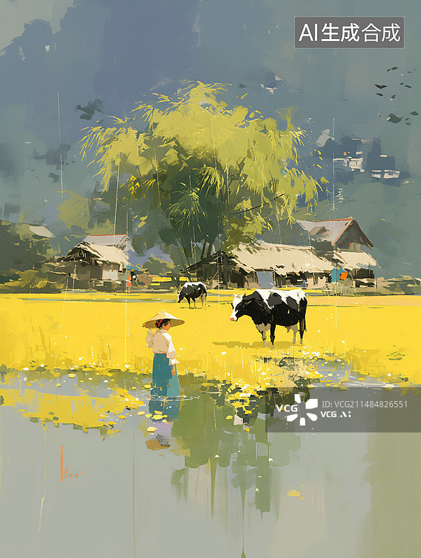 【AI数字艺术】清明中国风水墨淡彩画村庄牧童图片素材