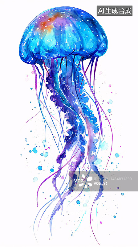 【AI数字艺术】手绘五彩斑斓水母插画图片素材