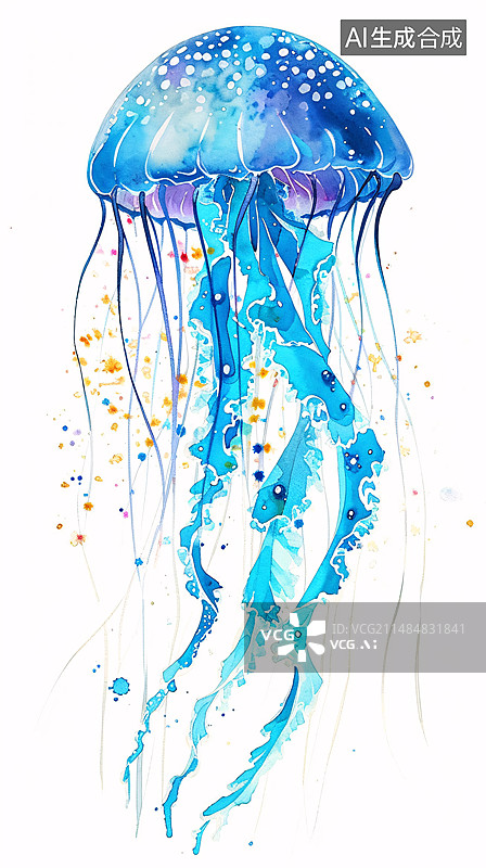 【AI数字艺术】手绘五彩斑斓水母插画图片素材