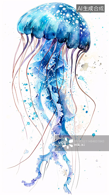 【AI数字艺术】手绘五彩斑斓水母插画图片素材