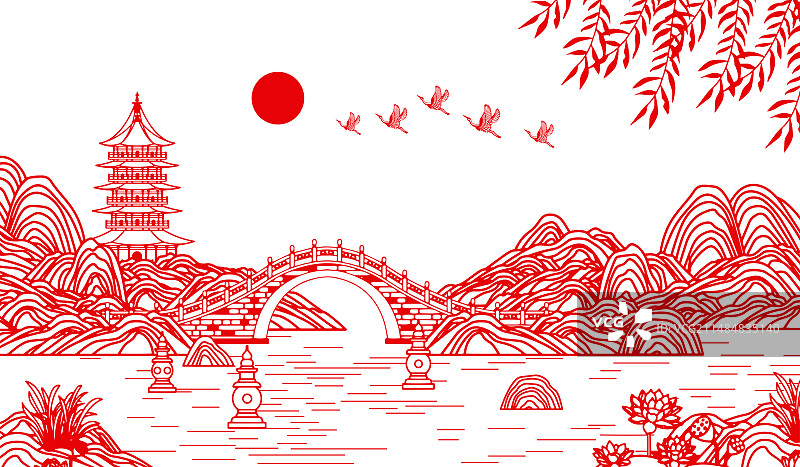 红色剪纸公园风景矢量插画图片素材