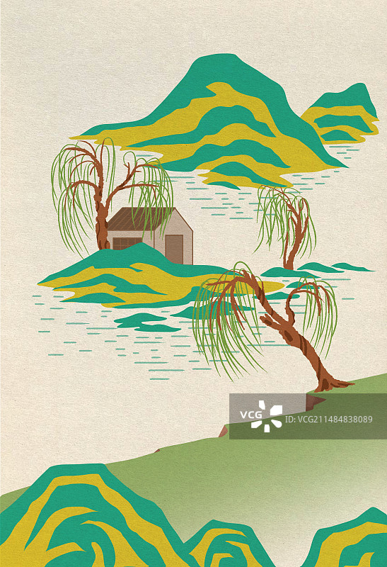 中国风新中式古风古典传统文化中国画青绿山水画傻女地理湖面湖水小岛意境春天春节湖岸边柳树插画图片素材
