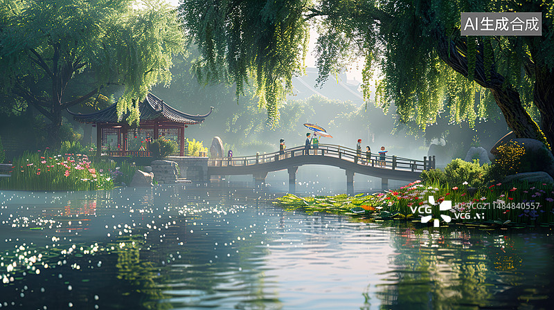 【AI数字艺术】春天江南水乡亭台楼阁木桥游客清明节徒步踏青3D微缩景观模型图片素材