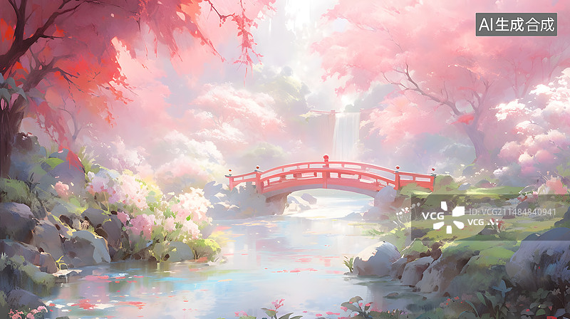 【AI数字艺术】AIGC:春天 夏天 唯美小桥流水 户外风景公园 背景插图插画图片素材