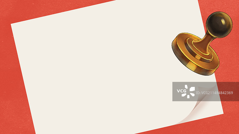 手绘红色背景上金色公章在合同上盖章的留白背景插画图片素材