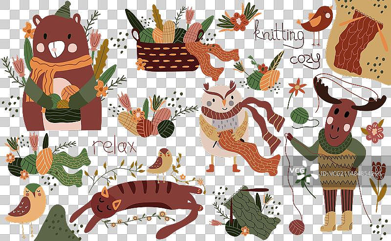 戴着围巾和针织帽的可爱森林动物图片素材