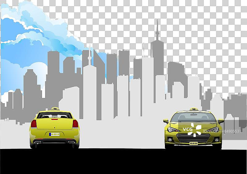 城市背景上的两辆轿式出租车3D彩色手绘图片素材