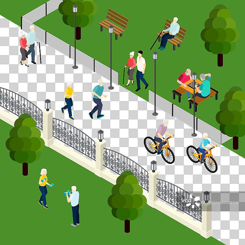 退休人员休闲活动2.5D插画图片素材