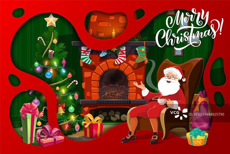 圣诞节剪纸内饰，圣诞老人靠近壁炉图片素材
