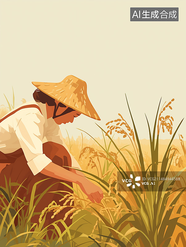 【AI数字艺术】创意插画，戴着草帽在打理稻田的女人图片素材