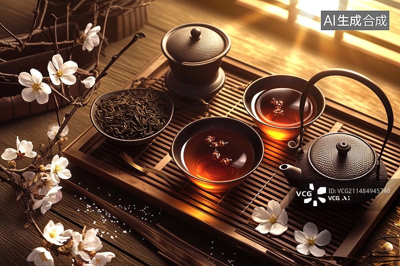 【AI数字艺术】传统茶道茶盘全套器具图片素材