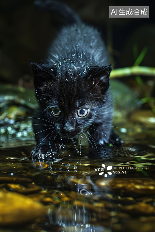 【AI数字艺术】黑猫坐在湖中的画像图片素材