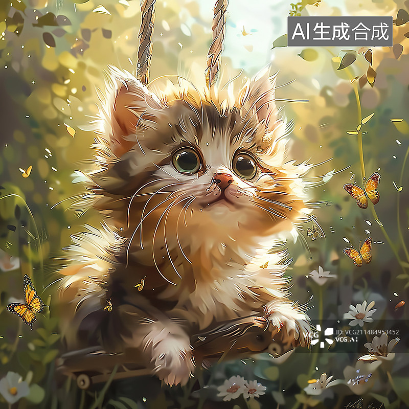 【AI数字艺术】猫坐在植物上的特写镜头图片素材